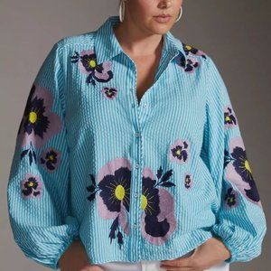 Maeve (Anthropologie) Floral Embroidered Blue and White Button Down Shirt Size S